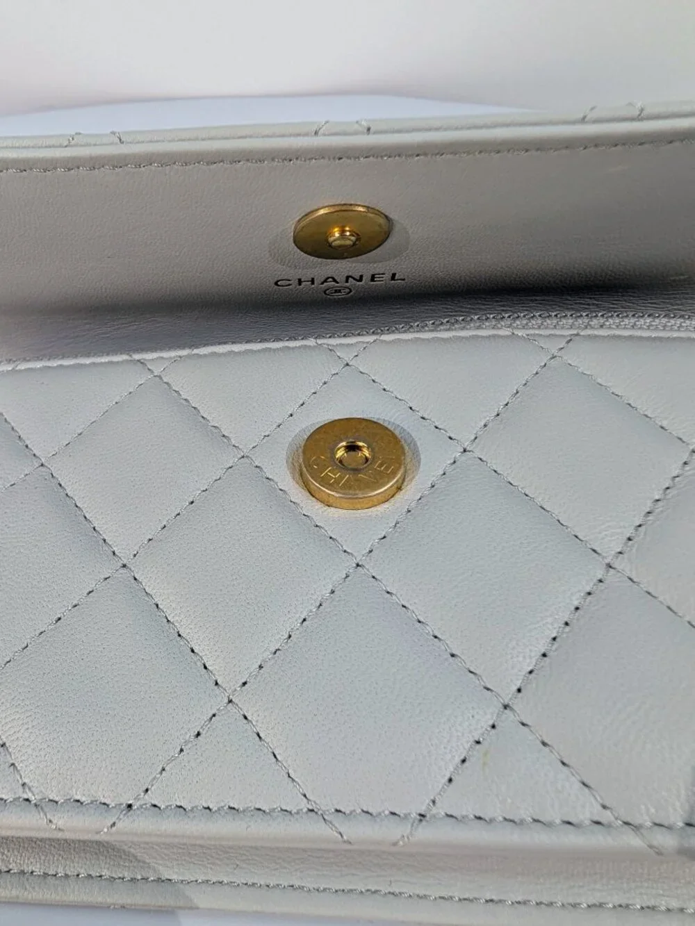 Chanel Light Grey Wallet on Chain (WOC) with Gold Charm